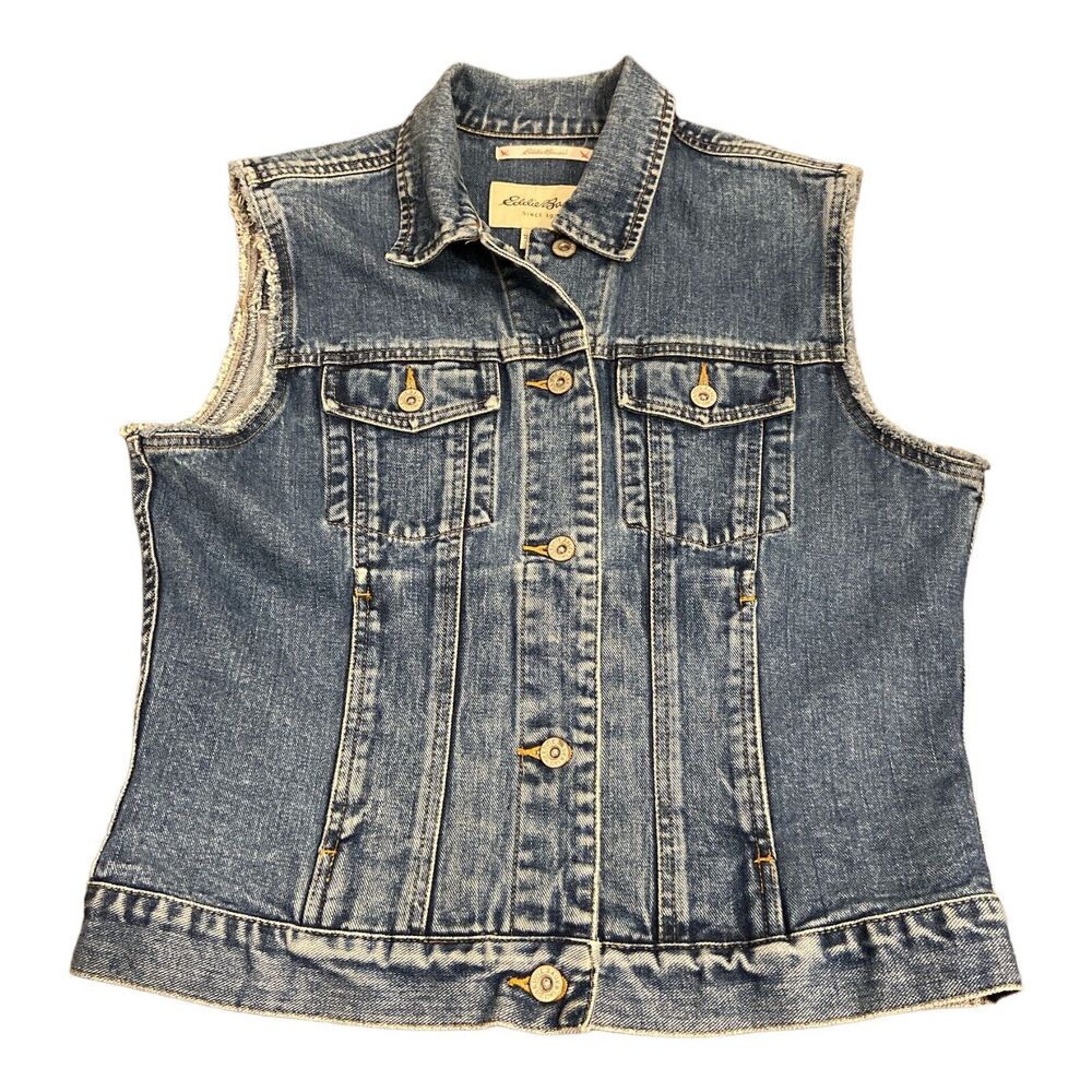 Eddie Bauer Womens Blue Denim Collared Vest Size Small Metal Button Front Cotton